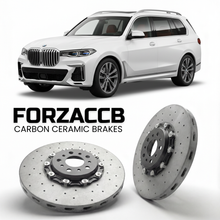 ForzaCCB direct OEM replacement carbon ceramic brake rotors for 2023 and newer BMW X7 M60i G07 models, shown with a white BMW X7 M60i car.