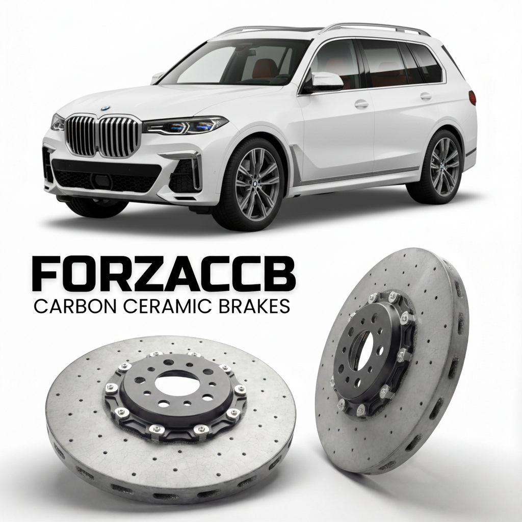 ForzaCCB direct OEM replacement carbon ceramic brake rotors for 2023 and newer BMW X7 M60i G07 models, shown with a white BMW X7 M60i car.