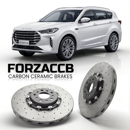 ForzaCCB direct OEM replacement carbon ceramic brake rotors for 2024+) Jetour X70 Plus (facelift 2024 models, shown with a white Jetour X70 car.