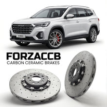 ForzaCCB direct OEM replacement carbon ceramic brake rotors for 2021 and newer Jetour X90 Plus models, shown with a white Jetour X90 car.