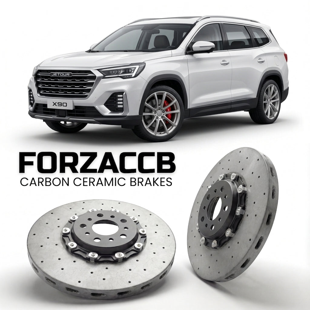 ForzaCCB direct OEM replacement carbon ceramic brake rotors for 2021 and newer Jetour X90 Plus models, shown with a white Jetour X90 car.