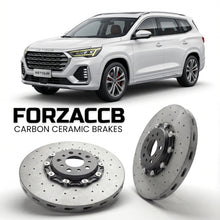 ForzaCCB direct OEM replacement carbon ceramic brake rotors for 2024 and newer Jetour X90 Pro models, shown with a white Jetour X90 car.