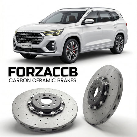 ForzaCCB direct OEM replacement carbon ceramic brake rotors for 2024 and newer Jetour X90 Pro models, shown with a white Jetour X90 car.