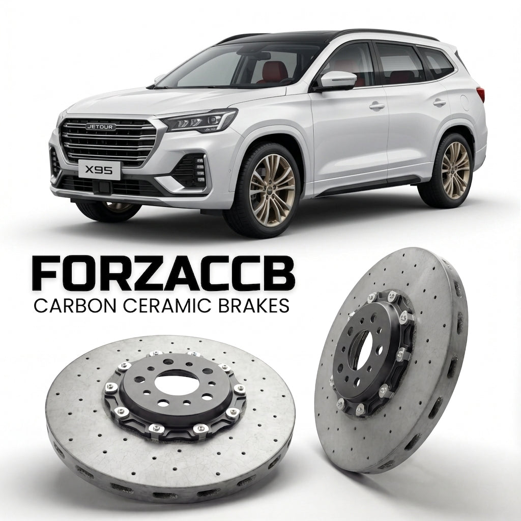 ForzaCCB direct OEM replacement carbon ceramic brake rotors for 2019 to 2024 Jetour X95 models, shown with a white Jetour X95 car.