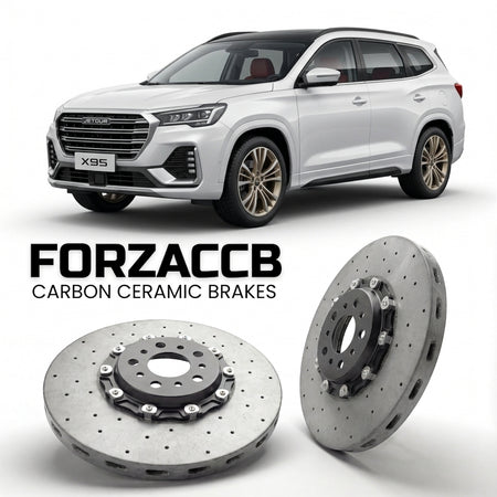ForzaCCB direct OEM replacement carbon ceramic brake rotors for 2019 to 2024 Jetour X95 models, shown with a white Jetour X95 car.