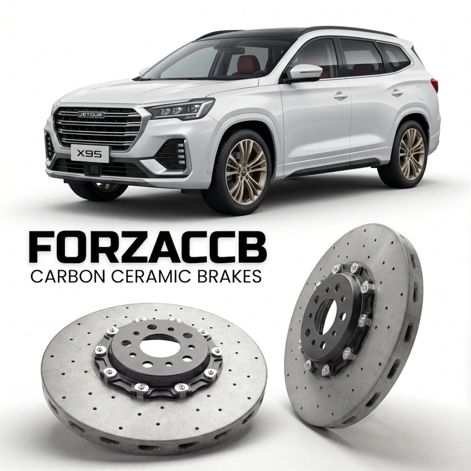 ForzaCCB direct OEM replacement carbon ceramic brake rotors for 2019 to 2024 Jetour X95 models, shown with a white Jetour X95 car.