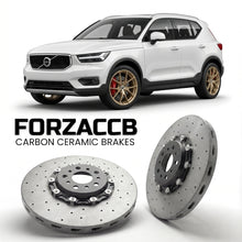 ForzaCCB direct OEM replacement carbon ceramic brake rotors for 2018 to 2022 Volvo XC40 models, shown with a white Volvo XC40 car.