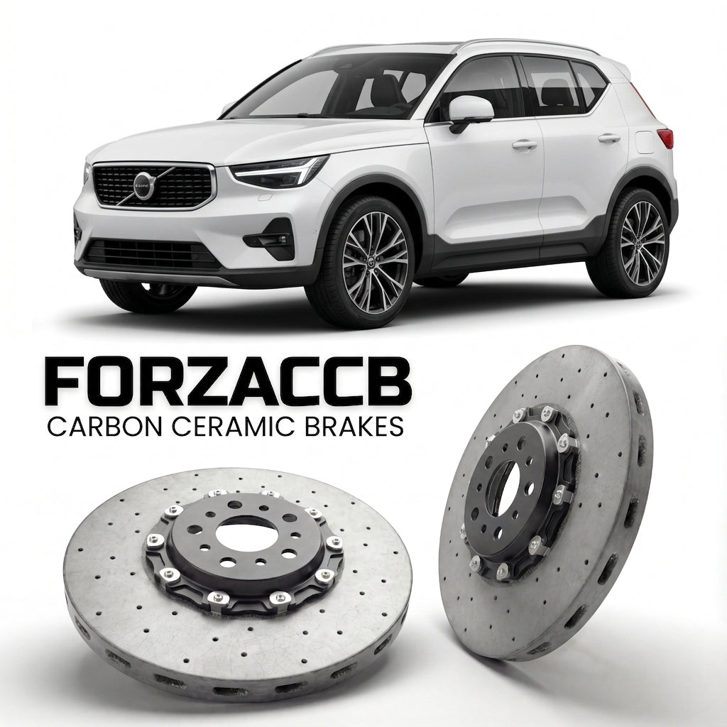 ForzaCCB direct OEM replacement carbon ceramic brake rotors for 2022 and newer Volvo XC40 facelift 2022 models, shown with a white Volvo XC40 car.