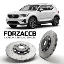 ForzaCCB direct OEM replacement carbon ceramic brake rotors for 2022 and newer Volvo XC40 facelift 2022 models, shown with a white Volvo XC40 car.