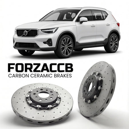 ForzaCCB direct OEM replacement carbon ceramic brake rotors for 2022 and newer Volvo XC40 facelift 2022 models, shown with a white Volvo XC40 car.