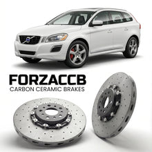 ForzaCCB direct OEM replacement carbon ceramic brake rotors for 2008 to 2013 Volvo XC60 I models, shown with a white Volvo XC60 car.