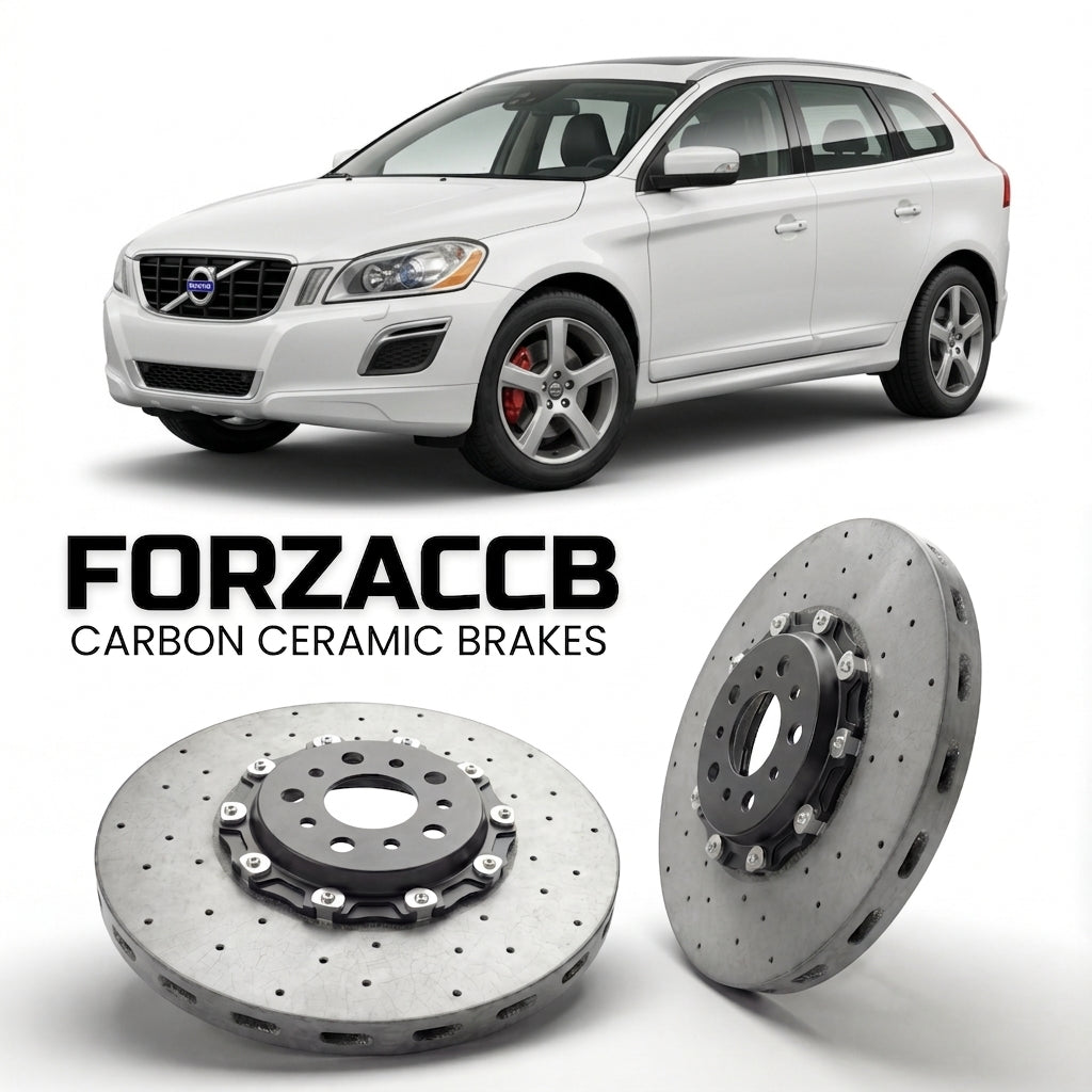 ForzaCCB direct OEM replacement carbon ceramic brake rotors for 2008 to 2013 Volvo XC60 I models, shown with a white Volvo XC60 car.