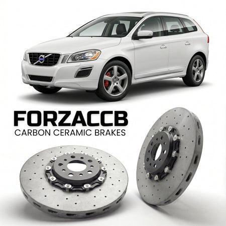 ForzaCCB direct OEM replacement carbon ceramic brake rotors for 2008 to 2013 Volvo XC60 I models, shown with a white Volvo XC60 car.