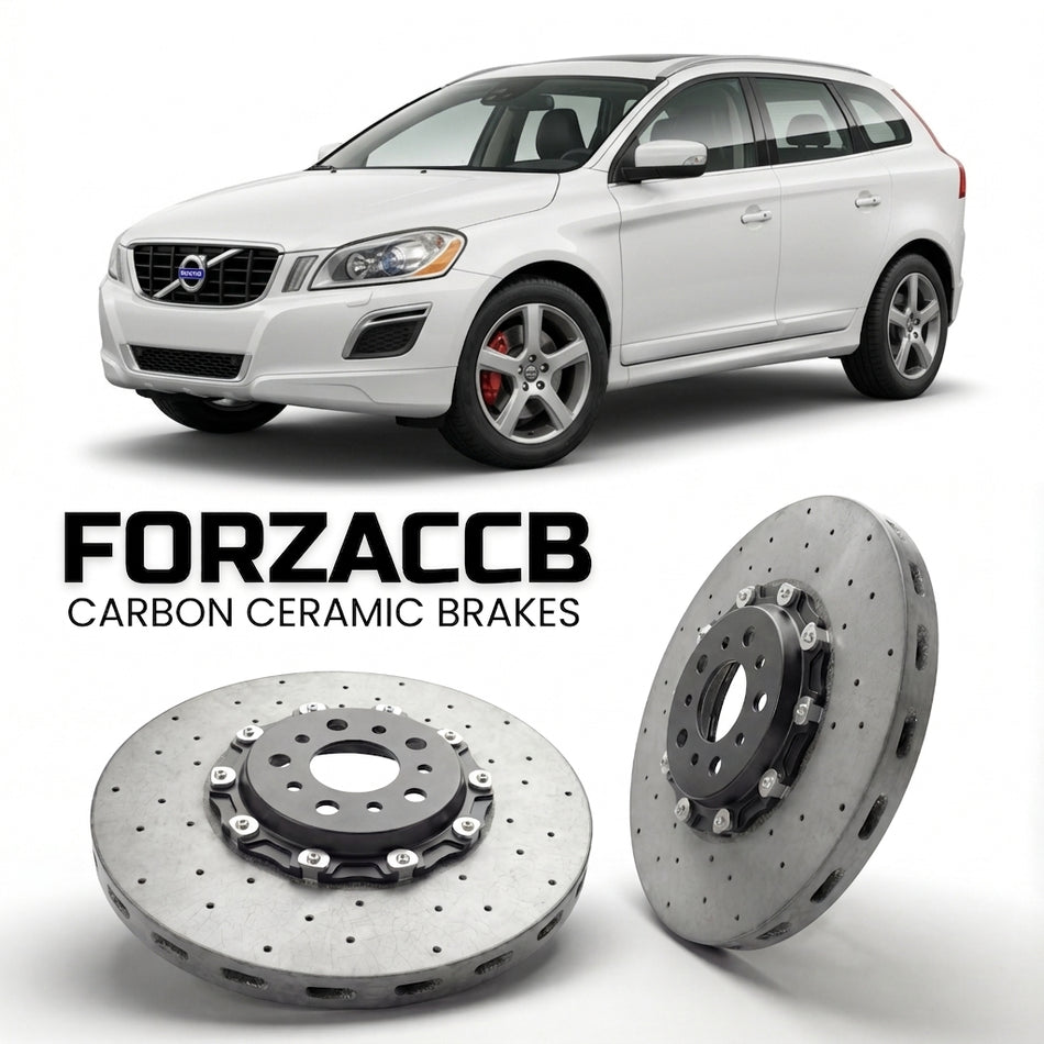 ForzaCCB direct OEM replacement carbon ceramic brake rotors for 2008 to 2013 Volvo XC60 I models, shown with a white Volvo XC60 car.