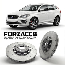 ForzaCCB direct OEM replacement carbon ceramic brake rotors for 2013-2017) Volvo XC60 I (2013 facelift models, shown with a white Volvo XC60 car.