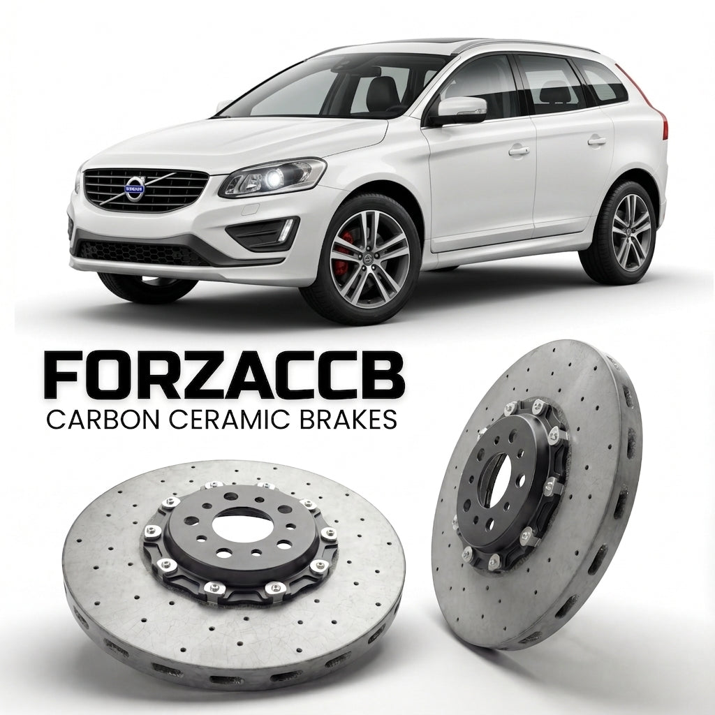 ForzaCCB direct OEM replacement carbon ceramic brake rotors for 2013-2017) Volvo XC60 I (2013 facelift models, shown with a white Volvo XC60 car.