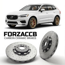 ForzaCCB direct OEM replacement carbon ceramic brake rotors for 2017 to 2021 Volvo XC60 II models, shown with a white Volvo XC60 car.