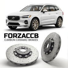 ForzaCCB direct OEM replacement carbon ceramic brake rotors for 2021-2025) Volvo XC60 II (facelift 2021 models, shown with a white Volvo XC60 car.