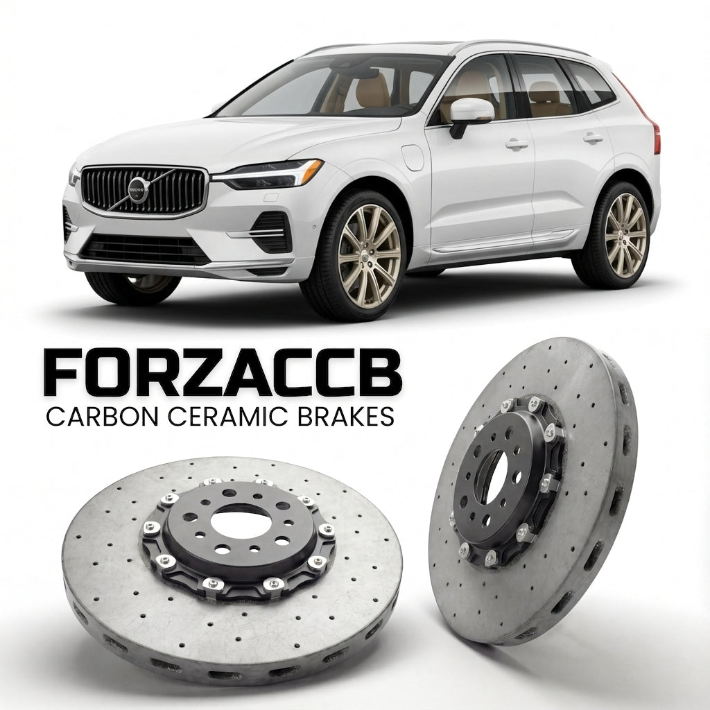 ForzaCCB direct OEM replacement carbon ceramic brake rotors for 2021-2025) Volvo XC60 II (facelift 2021 models, shown with a white Volvo XC60 car.
