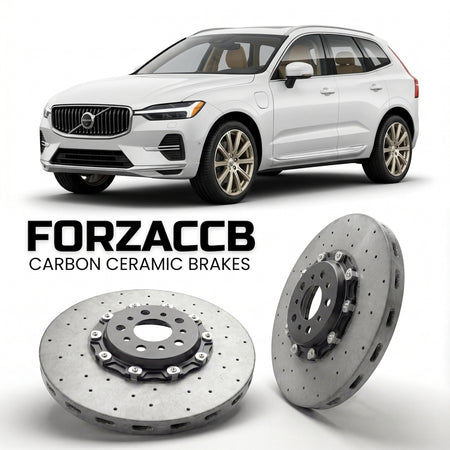 ForzaCCB direct OEM replacement carbon ceramic brake rotors for 2021-2025) Volvo XC60 II (facelift 2021 models, shown with a white Volvo XC60 car.