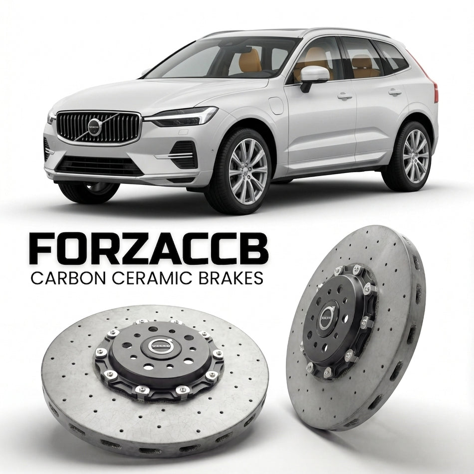 ForzaCCB direct OEM replacement carbon ceramic brake rotors for 2025+) Volvo XC60 II (facelift 2025 models, shown with a white Volvo XC60 car.