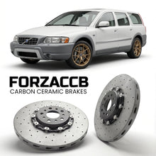 ForzaCCB direct OEM replacement carbon ceramic brake rotors for 2005-2007) Volvo XC70 I (facelift 2004 models, shown with a white Volvo XC70 car.