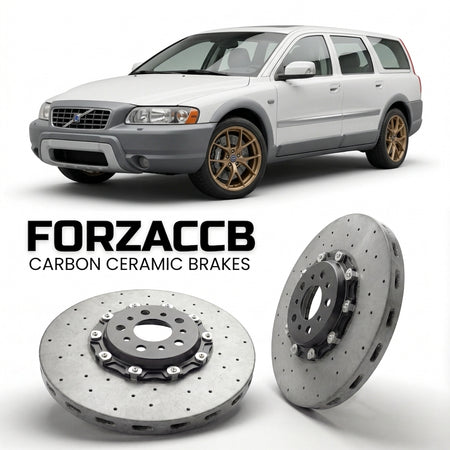 ForzaCCB direct OEM replacement carbon ceramic brake rotors for 2005-2007) Volvo XC70 I (facelift 2004 models, shown with a white Volvo XC70 car.