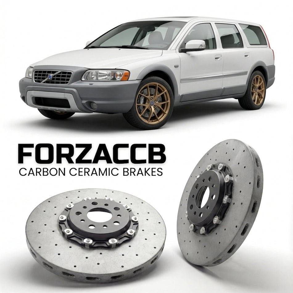 ForzaCCB direct OEM replacement carbon ceramic brake rotors for 2005-2007) Volvo XC70 I (facelift 2004 models, shown with a white Volvo XC70 car.