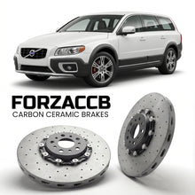 ForzaCCB direct OEM replacement carbon ceramic brake rotors for 2007 to 2013 Volvo XC70 II models, shown with a white Volvo XC70 car.
