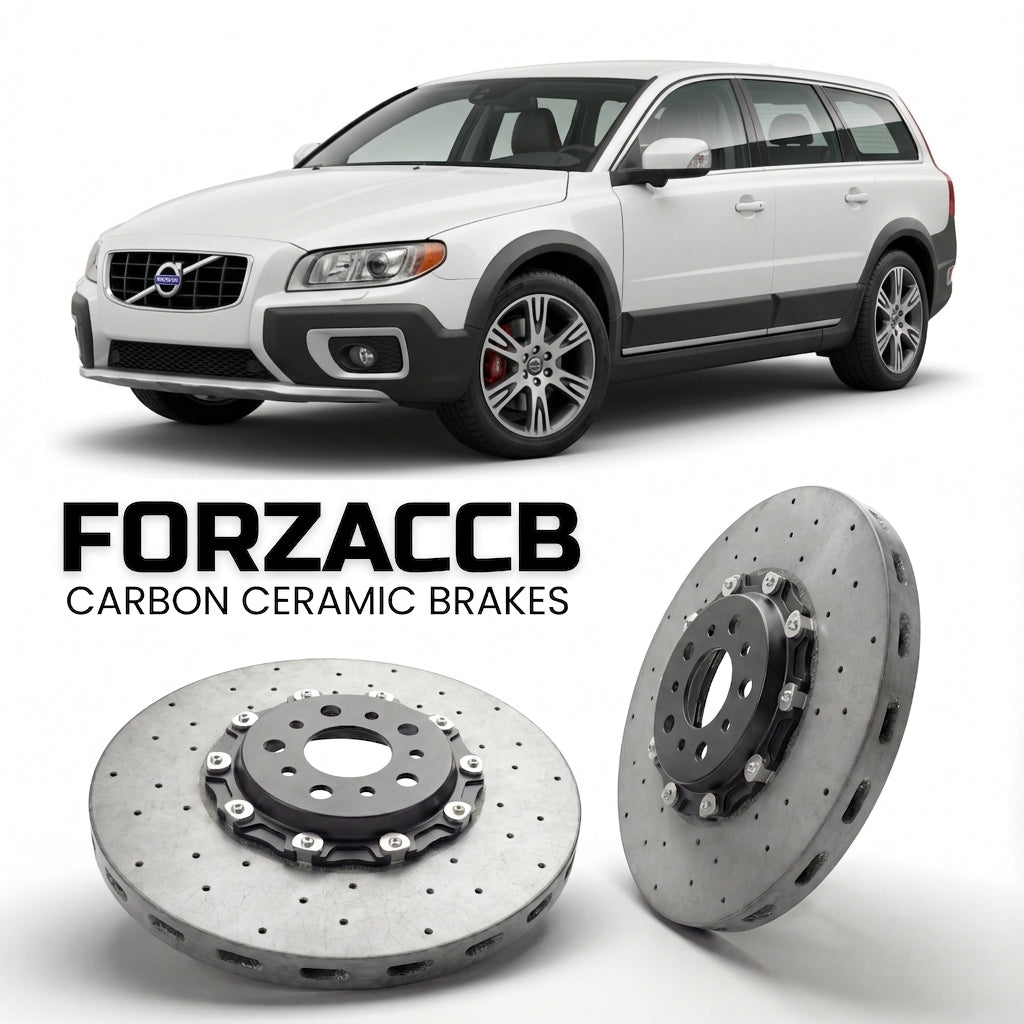 ForzaCCB direct OEM replacement carbon ceramic brake rotors for 2007 to 2013 Volvo XC70 II models, shown with a white Volvo XC70 car.