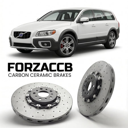 ForzaCCB direct OEM replacement carbon ceramic brake rotors for 2007 to 2013 Volvo XC70 II models, shown with a white Volvo XC70 car.