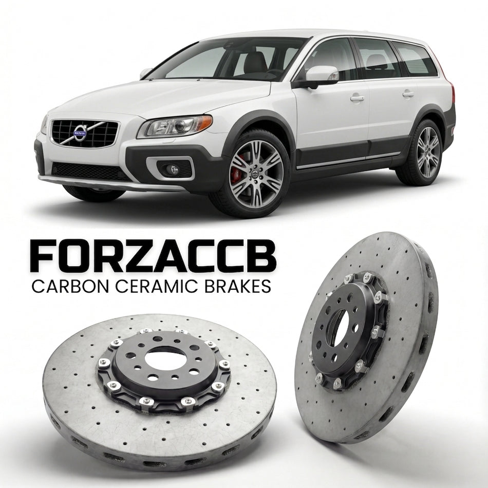 ForzaCCB direct OEM replacement carbon ceramic brake rotors for 2007 to 2013 Volvo XC70 II models, shown with a white Volvo XC70 car.