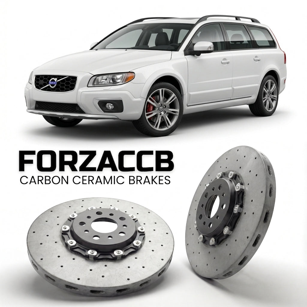 ForzaCCB direct OEM replacement carbon ceramic brake rotors for 2013-2016) Volvo XC70 II (facelift 2013 models, shown with a white Volvo XC70 car.