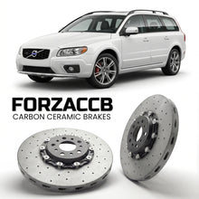 ForzaCCB direct OEM replacement carbon ceramic brake rotors for 2013-2016) Volvo XC70 II (facelift 2013 models, shown with a white Volvo XC70 car.