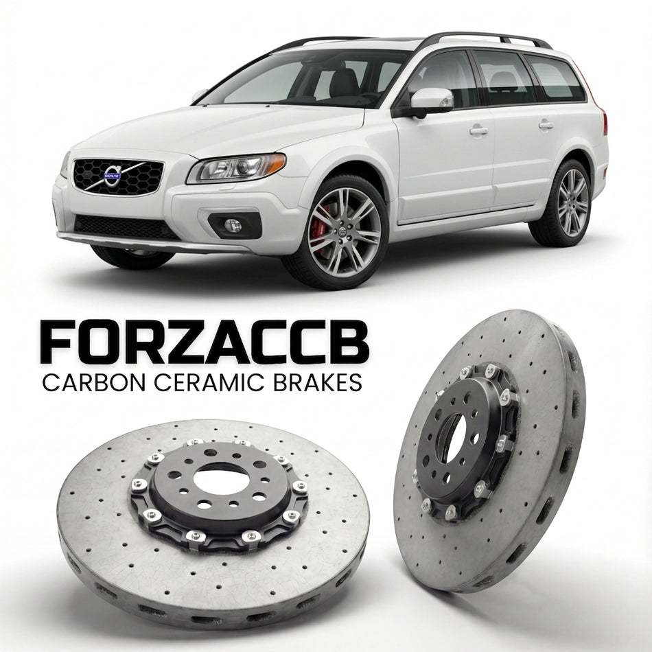 ForzaCCB direct OEM replacement carbon ceramic brake rotors for 2013-2016) Volvo XC70 II (facelift 2013 models, shown with a white Volvo XC70 car.