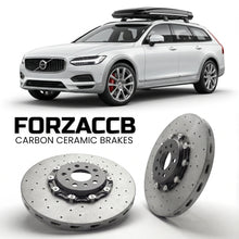 ForzaCCB direct OEM replacement carbon ceramic brake rotors for 2025 and newer Volvo XC70 2025 models, shown with a white Volvo XC70 car.
