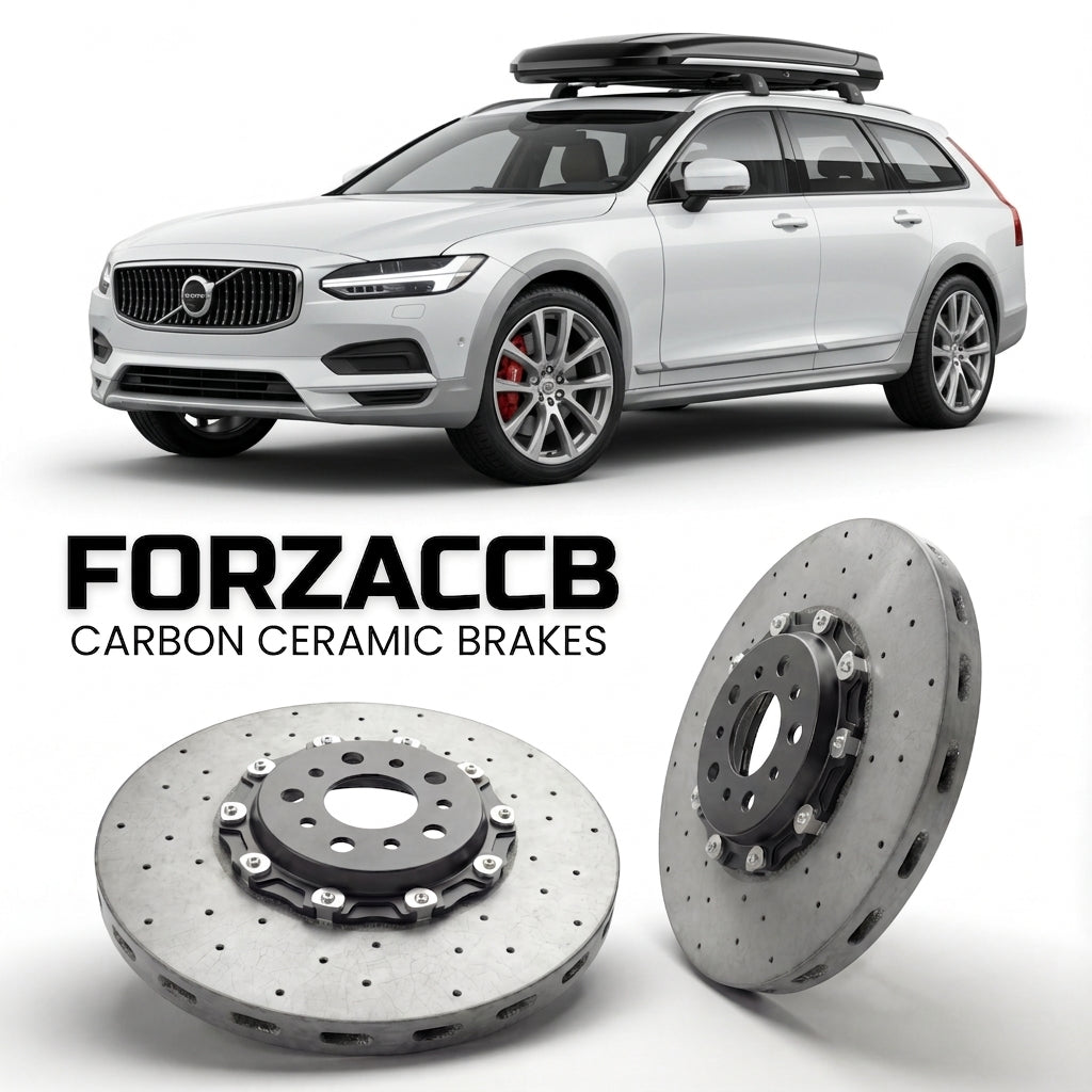 ForzaCCB direct OEM replacement carbon ceramic brake rotors for 2025 and newer Volvo XC70 2025 models, shown with a white Volvo XC70 car.