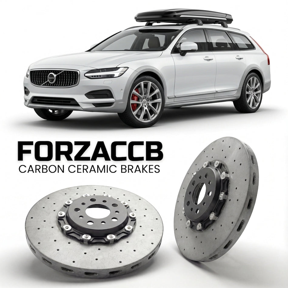 ForzaCCB direct OEM replacement carbon ceramic brake rotors for 2025 and newer Volvo XC70 2025 models, shown with a white Volvo XC70 car.
