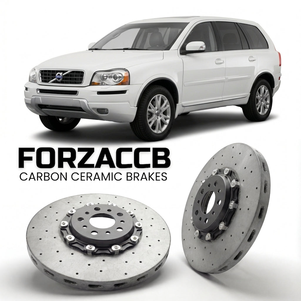 ForzaCCB direct OEM replacement carbon ceramic brake rotors for 2005 to 2006 Volvo XC90 models, shown with a white Volvo XC90 car.