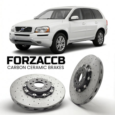 ForzaCCB direct OEM replacement carbon ceramic brake rotors for 2005 to 2006 Volvo XC90 models, shown with a white Volvo XC90 car.
