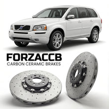 ForzaCCB direct OEM replacement carbon ceramic brake rotors for 2007 to 2014 Volvo XC90 facelift 2007 models, shown with a white Volvo XC90 car.