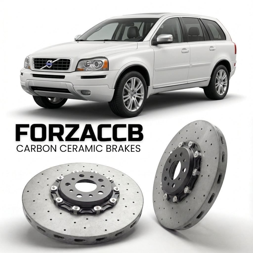 ForzaCCB direct OEM replacement carbon ceramic brake rotors for 2007 to 2014 Volvo XC90 facelift 2007 models, shown with a white Volvo XC90 car.