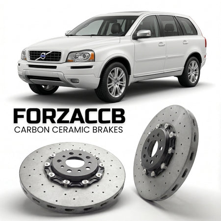 ForzaCCB direct OEM replacement carbon ceramic brake rotors for 2007 to 2014 Volvo XC90 facelift 2007 models, shown with a white Volvo XC90 car.