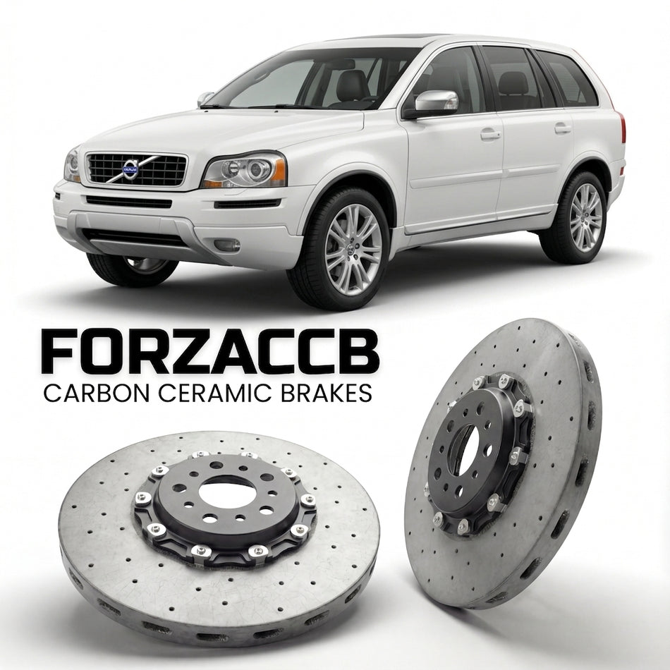 ForzaCCB direct OEM replacement carbon ceramic brake rotors for 2007 to 2014 Volvo XC90 facelift 2007 models, shown with a white Volvo XC90 car.