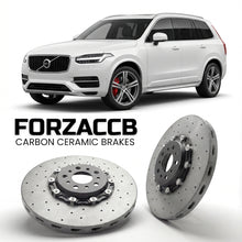ForzaCCB direct OEM replacement carbon ceramic brake rotors for 2015 to 2019 Volvo XC90 II models, shown with a white Volvo XC90 car.