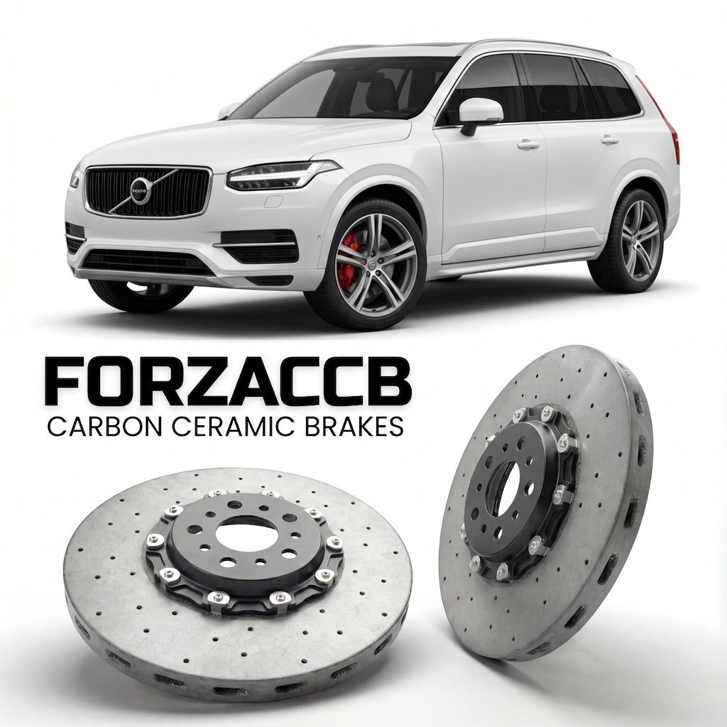 ForzaCCB direct OEM replacement carbon ceramic brake rotors for 2015 to 2019 Volvo XC90 II models, shown with a white Volvo XC90 car.