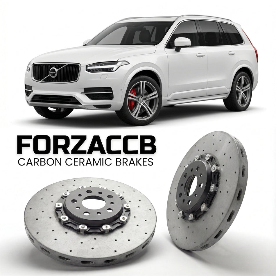 ForzaCCB direct OEM replacement carbon ceramic brake rotors for 2015 to 2019 Volvo XC90 II models, shown with a white Volvo XC90 car.