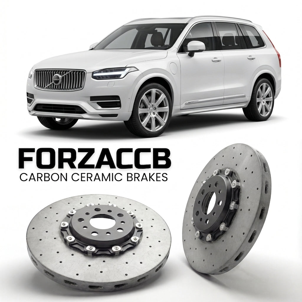 ForzaCCB direct OEM replacement carbon ceramic brake rotors for 2019-2024) Volvo XC90 II (facelift 2019 models, shown with a white Volvo XC90 car.