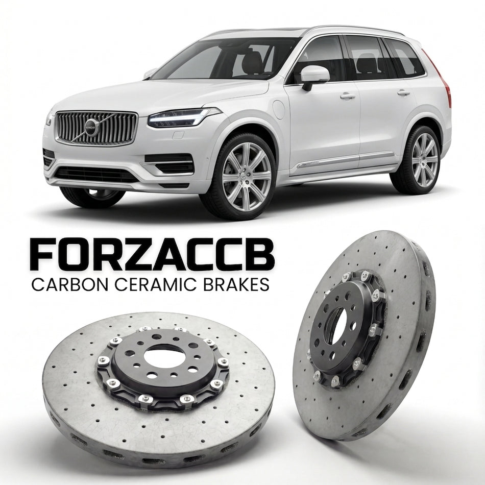 ForzaCCB direct OEM replacement carbon ceramic brake rotors for 2019-2024) Volvo XC90 II (facelift 2019 models, shown with a white Volvo XC90 car.
