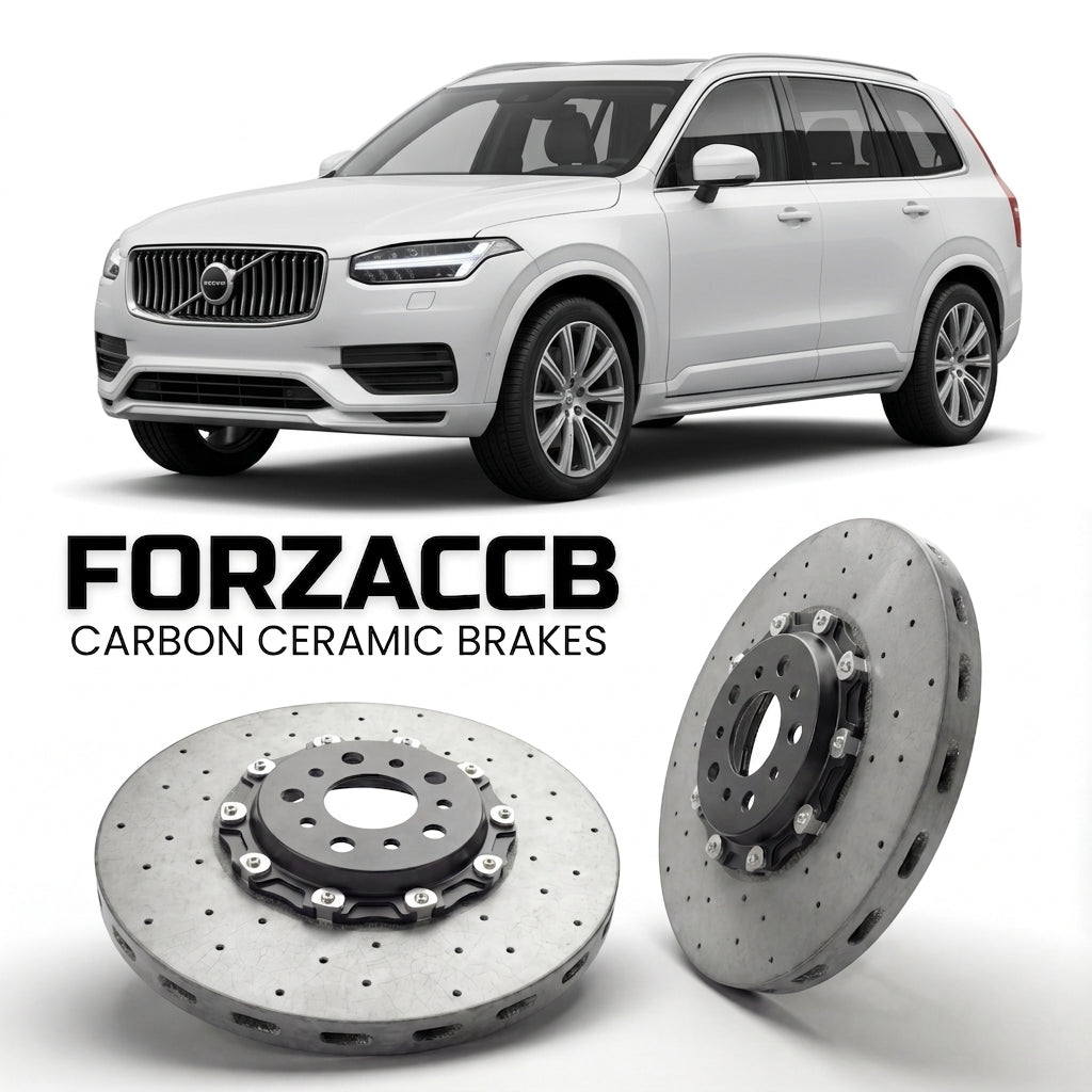 ForzaCCB direct OEM replacement carbon ceramic brake rotors for 2024+) Volvo XC90 II (facelift 2024 models, shown with a white Volvo XC90 car.